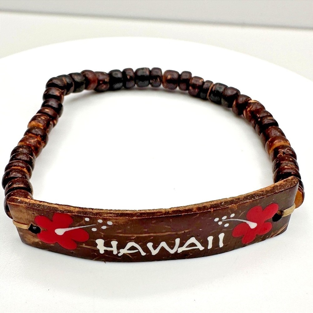 Vintage 80s Hawaii Wooden Beaded Bracelet‎ Hibiscus Women's Classic Jewelry